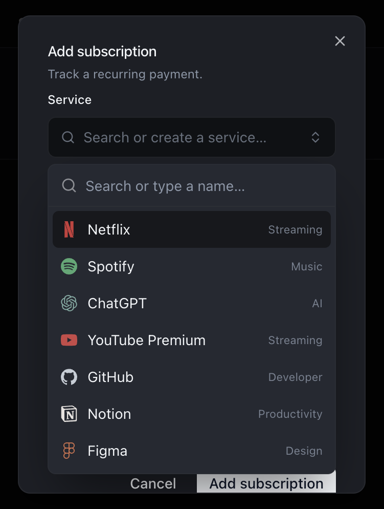 SubTrack add subscription dialog with service combobox